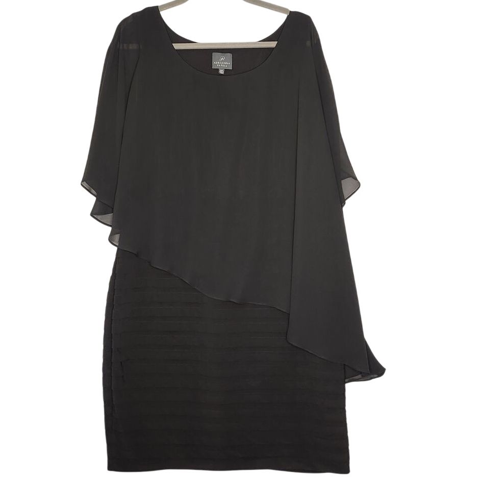 Adrianna Papell Black Chiffon Dress Tiered Ruffle Sheer With Cape 16w